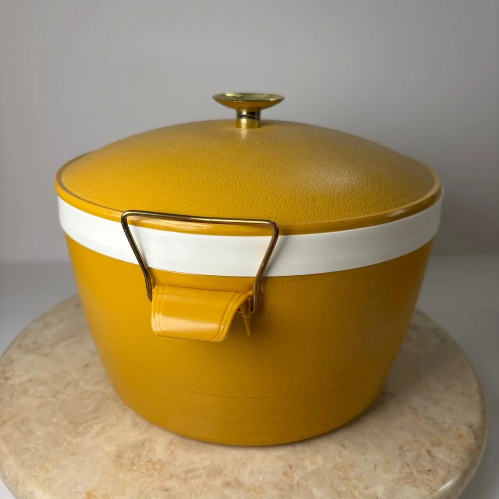 Vintage Ice Bucket Mustard Yellow Faux Leather Vinyl Insulated Mid Century Retro